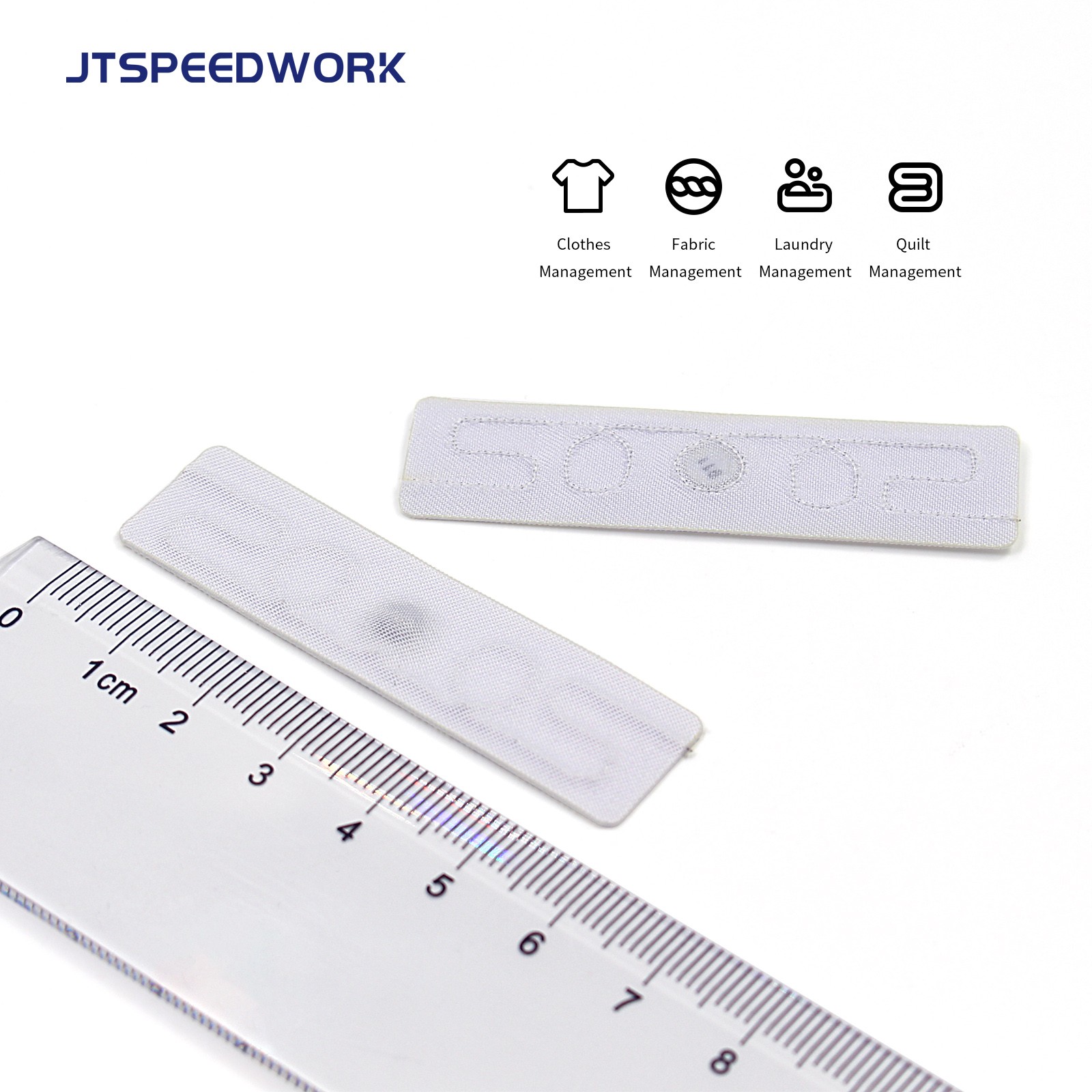 Thẻ RFID JT-F5815 58*15mm 860-960Mhz UHF dùng cho vải, đồ giặt, dệt may, có thể giặt được.